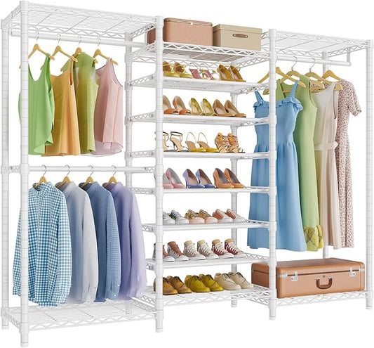 VIPEK S3 Freestanding Clothes Rack with 8-Tier Shoe Shelves, White | Clothing Rack with 12 Metal Shelves & 3 Hanging Rods, Heavy Duty Closet Rack with 1060 lb Capacity, 68.9" x 15.7" x 76.4"