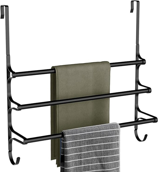 CANYAVE Over The Door Towel Rack, Extendable Triple Towel Storage Holder with Hooks, 24.02 Inches Towel Bar Hanger Towel Racks for Bathroom (Black)