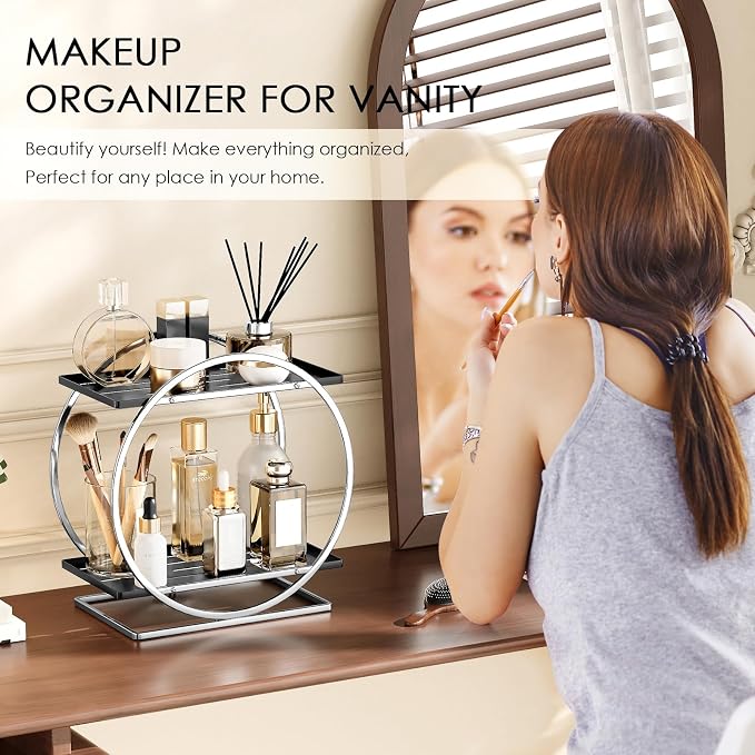 Bathroom Counter Organizer, 2-Tier Perfume Organizer for Dresser | Silver Black Bathroom Organizers and Storage, Makeup Organizer Countertop Vanity Tray Skincare Perfume,Bathroom Counter Shelf