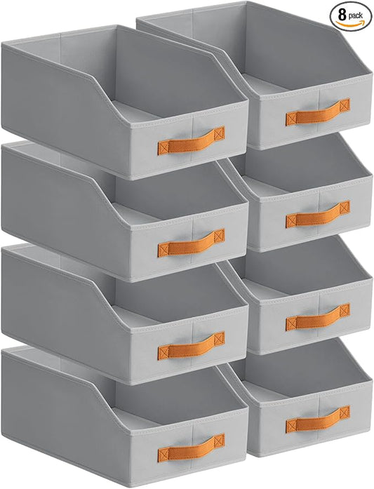 Fabric Storage Bins for Organizing - 8 Pack Large Trapezoid Collapsible Storage Bins with Front Handle, Closet Organizers and Storage for Bedroom, Home Shelves, Small Spaces, Grey