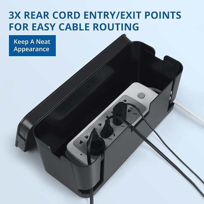 ZhiYo 2 Pack Cable Management Box, Medium & XL, Power Strip Organizer Black | Hidden Rear Cable Routing, Durable ABS Construction, Fits Power Strips Up to 13.4", Ideal for Desks, TV Areas & Floor Corners