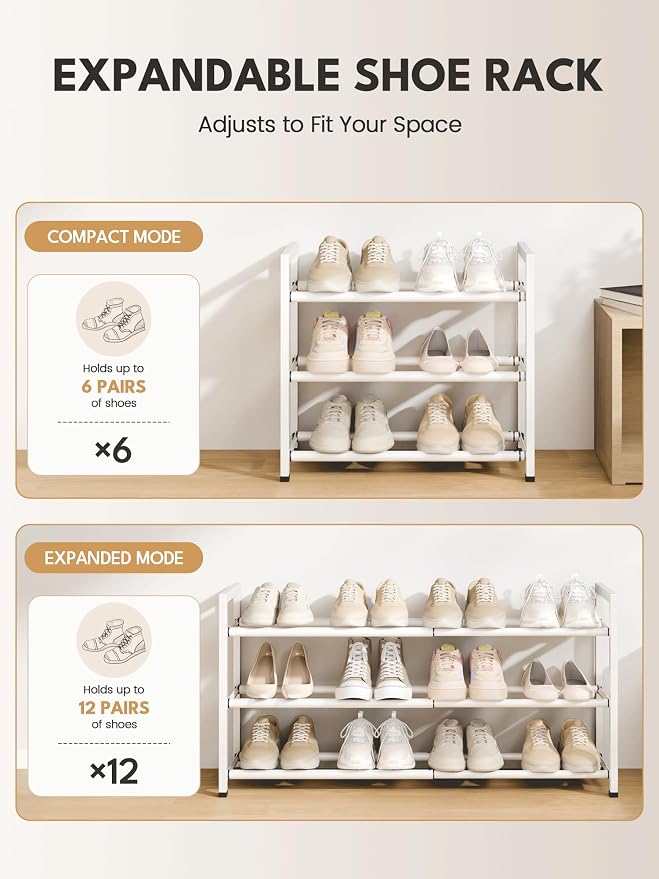 Bumusty 3 Tier Expandable Shoe Rack for Closet, White | 18"-33" Adjustable Shoe Rack for Entryway, Small Shoe Organizer for Dorm, Front Door, Sturdy Metal