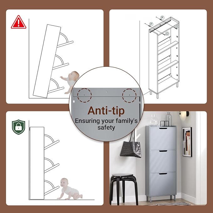 Haotian Slim Shoe Cabinet Entryway | Hidden Shoe Storage with Three Flip Drawers to Save Space, Freestanding Shoe Rack for Entryway, Hallway Grey