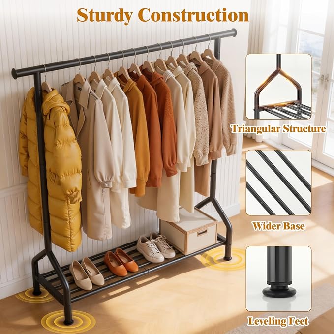EAGMAK Sturdy Clothing Racks with Shelf, Metal Clothes Rack with Leveling Feet for Hanging Clothes, Freestanding Garment Coat Rack for Bedroom, Apartment & Small Spaces, Black