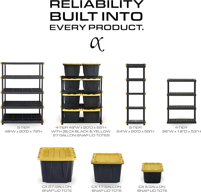 CENTREX 5-Tier Heavy Duty Plastic Storage Shelves for Garage, 2 Pack | Utility racks for garage, pantry, or closet organization, Easy assembly, 5 tier at 150lb/shelf, 72"H x 36"W x 18"D