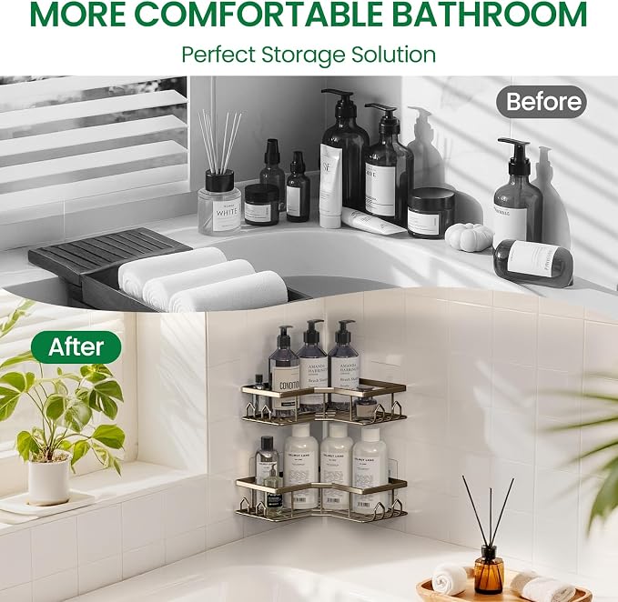 Adhesive Shower Caddy, 2 Pack Corner Bath Organizer, Rustproof Stainless Steel Shower Shelves with Large Capacity, No Drilling Shelves for Bathroom Storage, Home, Kitchen Decor (Brown).