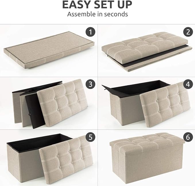 YOUDENOVA 30" Linen Ottoman with Storage, Folding Bench, Beige | Foldable linen ottoman with hidden storage, padded seat and sturdy frame for living room or bedroom.