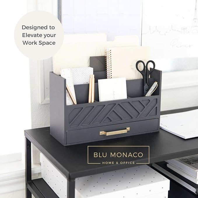 BLU MONACO | Wooden Mail Organizer with Drawer Gold Handle | Mail Sorter Organizer Countertop and Outgoing Mail Holder | Tabletop Organizer with Drawers Grey Desk Storage