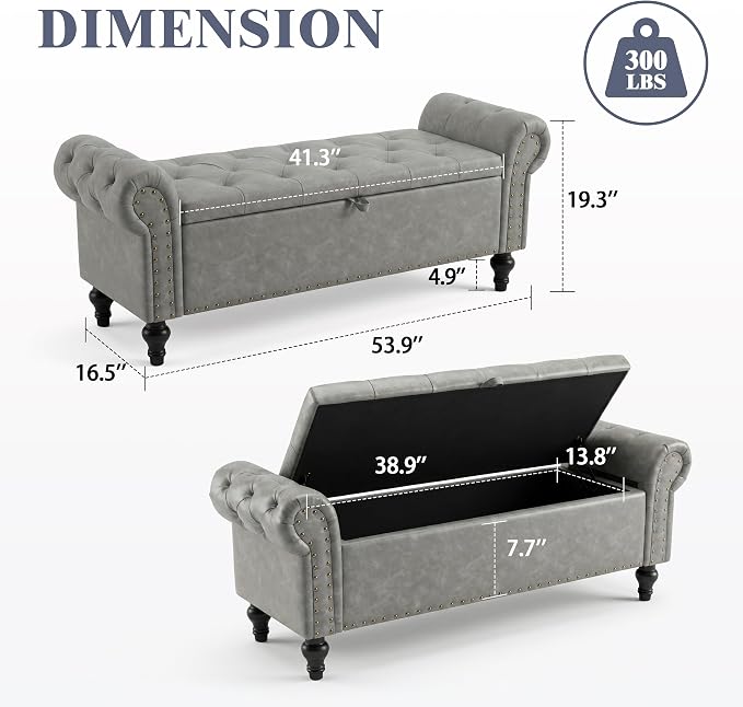55" Storage Bench for Bedroom, Upholstered Ottoman Bench, Leather LightGray | End of Bed Bench for Bedroom, Window Benches for Living Room, Entryway, Ottoman with Large Storage Space, Pet Friendly