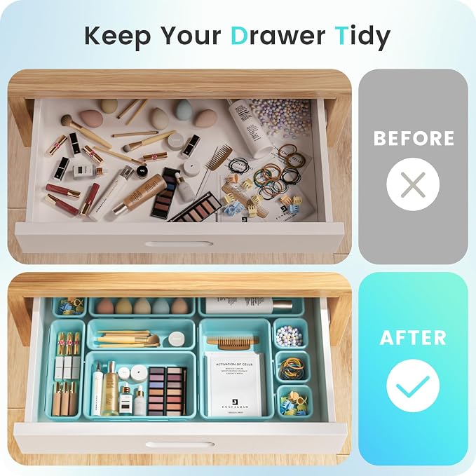 【Military Grade】A-LuGei Drawer Organizer,【𝟱𝗦𝗶𝘇𝗲】Makeup organizer,【Holds 177 Items】Bathroom Organizers and Storage,Organization and Storage,Desk Drawer Organizer for Vanity【Blue】