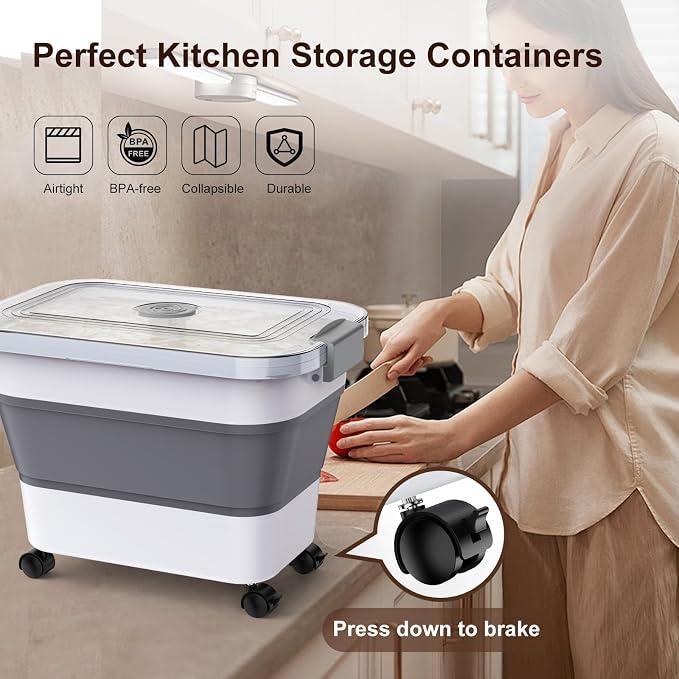Rice Storage Container, Collapsible Airtight Food Storage Containers 20-30lbs with Clear Lid and Wheels, Rice Dispenser with Scoop for Flour Cereal Pasta Grain, Cat Pet Bird Dog Food Storage Container