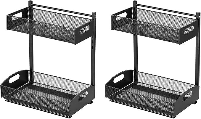 VEVOR Under Sink Organizer, 2 Pack 2-Tier Pull Out Cabinet Organizer with 4-Level Height Adjustment, Metal Slide Out Shelf, Multi-Purpose Cabinet Organizers and Storage for Bathroom & Kitchen, Black