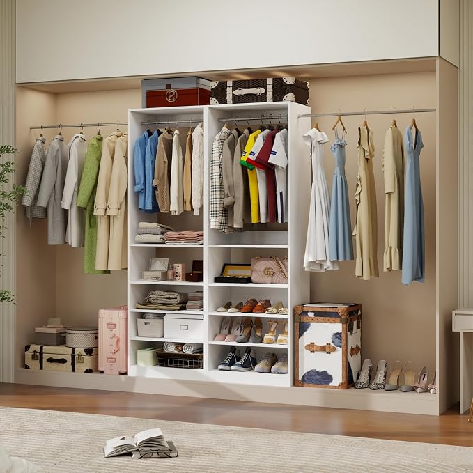 Closet System, 2FT Closet Organizer System with Adjustable Shelves and 2 Hanging Rods, Free Standing Walk-in Closet for Small Closets Engineered Wood, White