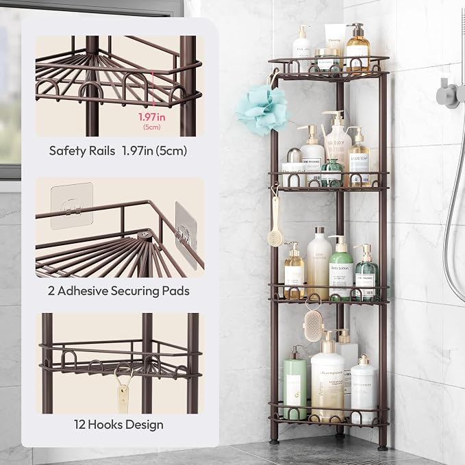 SWTYMIKI Standing Shower Caddy Corner - 4‑Tier Stainless Steel Shower Organizer Shelf with 12 Hooks and Adhesive Pads, Rustproof Corner Shelves Stand Rack for Bathroom Shower Room, Bronze