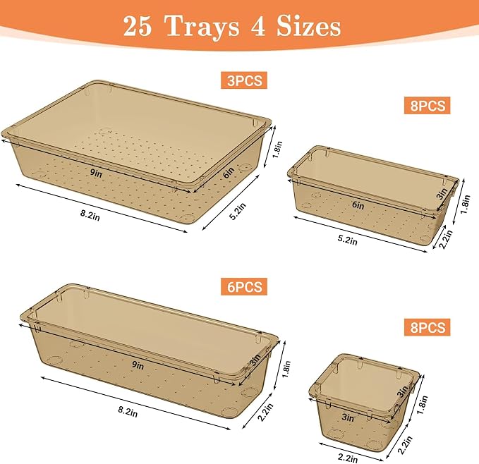 SpaceHacks 25 PCS Plastic Drawer Organizer Set, 4-Size Versatile Organizer Trays & storage Bins for Makeup, Jewelry, and Gadgets in Bathroom, Bedroom and Office,Champagne