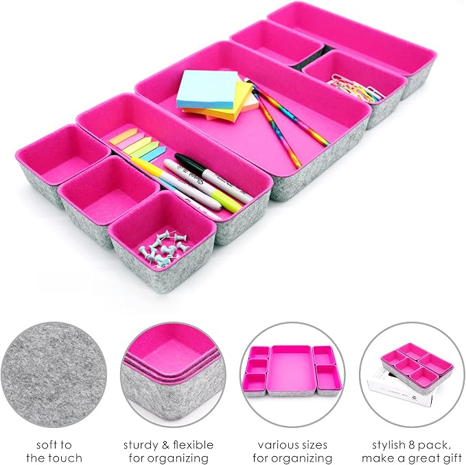Welaxy Hot Pink Drawer Organizers 8pc Desk Tray Makeup Office Storage Bin