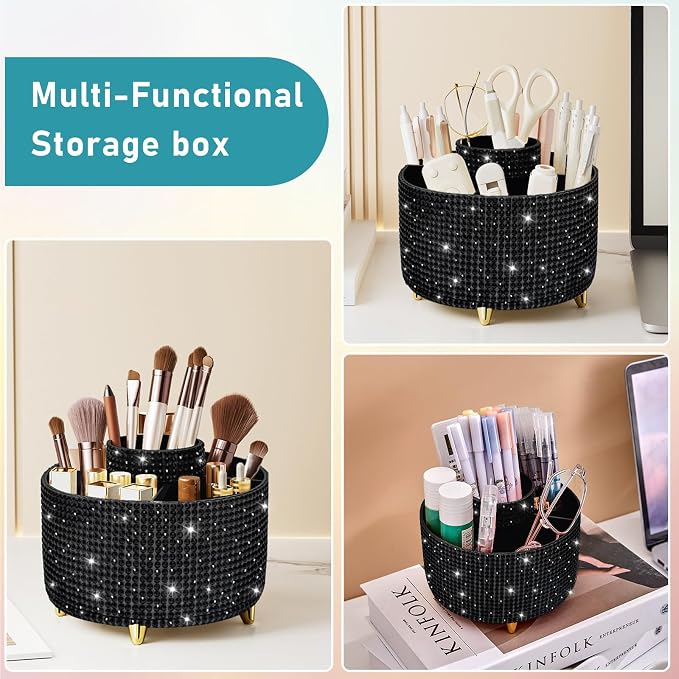 Diesisa Bling Diamond 360° Makeup Brush Holder Organizer, Rotating Makeup Brush Organizer,5 Slot Make up Brushes Cup for Cosmetics, Vanity Desktop Organizer, Gift for Women Teen Girls- Diamond Black