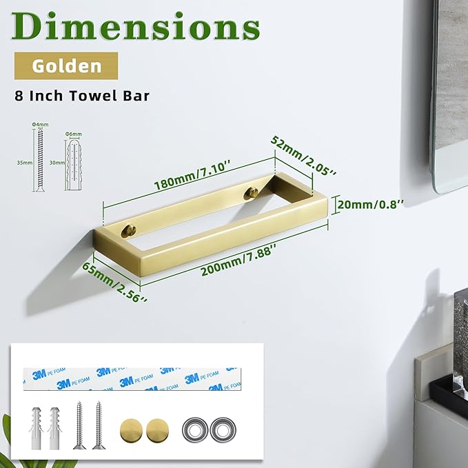 Alise Hand Towel Holder Towel Bar for Bathroom Wall Mounted 8 Inch,Gold | Towel Rack for Bathroom Lavatory,SUS304 Stainless Steel Towel Rail for Bath Kitchen Walls,Self-adhesive or Drilling Mount