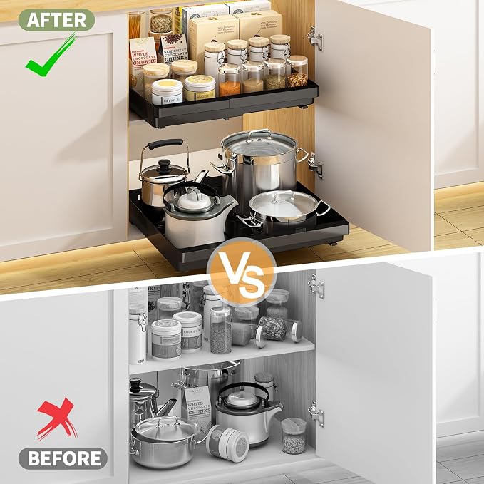 DOMNIU Pull Out Cabinet Organizers Expandable,Black,16.9" Depth,2 Pack | Plastic Slide Out Drawers for Kitchen, Bathroom, Pantry, Under Sink Storage, Fixed with Adhesive Nano Film (11.6''-17.5'')