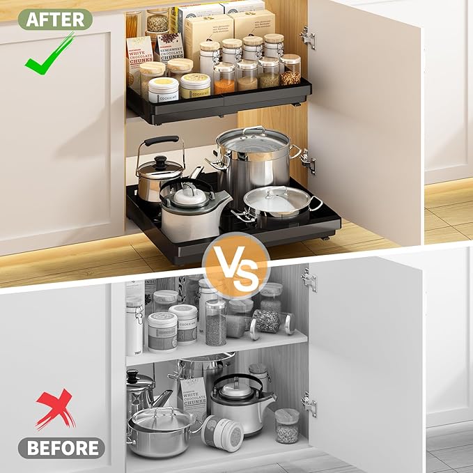 DOMNIU Pull Out Cabinet Organizers Expandable,Black,20.8" Depth,2 Pack | Plastic Slide Out Drawers for Kitchen, Bathroom, Pantry, Under Sink Storage, Fixed with Adhesive Nano Film (13''-19'')