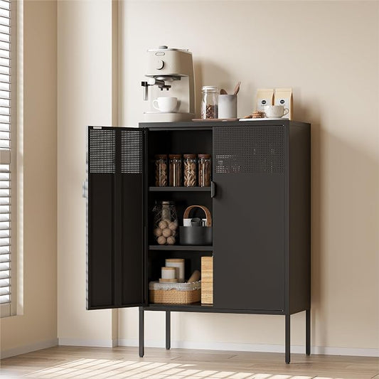 COFaR Black Metal Cabinet with Adjustable Shelves, 47”H Industrial Buffet Sideboard & Coffee Bar Station, Ventilated Steel Storage Cabinet with Magnetic Doors for Kitchen, Office, Living Room