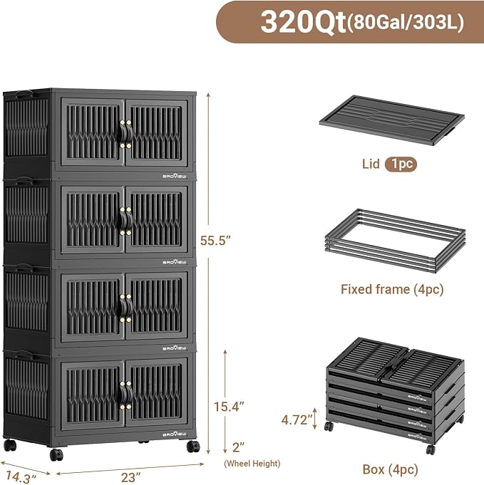 BROVIEW 320 Qt Stackable Storage Bins with Lid, Plastic Closet Organizers and Storage Drawer, Collapsible Storage Box with Wheels, Folding Storage Cabinet for Closet Clothes Organization, 4Pack Black