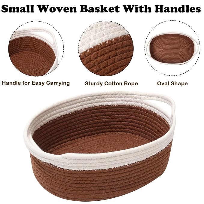 Woven Rope Basket - Baby Gift Basket with Bag & Ribbon, White&Brown | Cotton rope with handle, 12 x 8 x 5 in, gift bag and ribbon, for baby shower, birthday, toy storage, nursery, shelf decor
