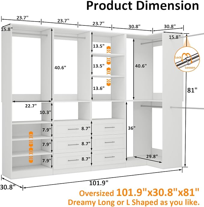 Vomavex Closet System with 4 sets, 101.9" Closet Organizer Systems with 6 Drawers & 8 Hanging Rods & Adjustable Shelves, Walk in Closet Standing Closet System, Corner Closet System Set, White