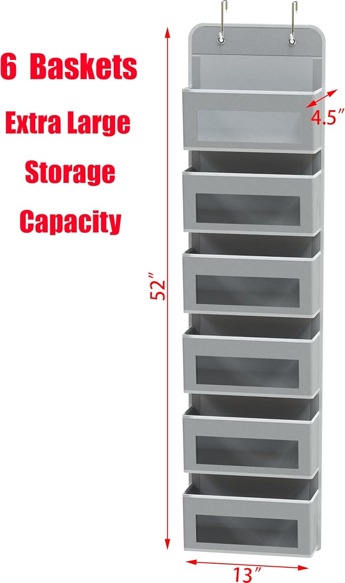 Simple Houseware 6 Clear Window Pocket Over Door Hanging Organizer, Gray | Over the Door Storage for Closet, Bedroom, Bathroom, Pantry