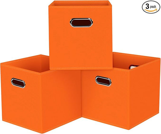 Black Foldable Storage Cubes Bins, Fabric Storage Box Cubes Organizer Baskets with Dual Handles for Home Organizer,Set of 3,(Orange)