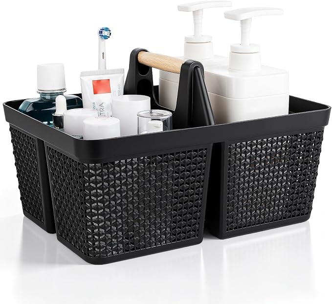 UUJOLY Portable Plastic Shower Caddy Basket with Wooden Handle, Black | Divided Storage Organizer Tote for Bathroom, Dorm, College, Kitchen & RV – Lightweight, Easy-Carry Essentials Caddy