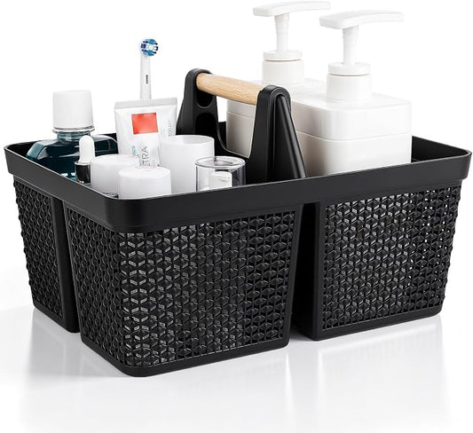 UUJOLY Portable Plastic Shower Caddy Basket with Wooden Handle, Black | Divided Storage Organizer Tote for Bathroom, Dorm, College, Kitchen & RV – Lightweight, Easy-Carry Essentials Caddy