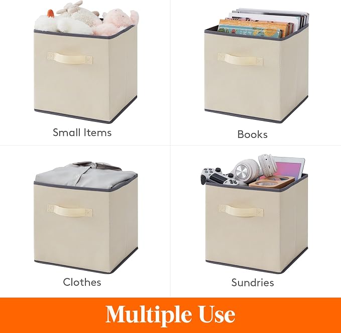 Lifewit Storage Cubes, Foldable Decorative Fabric Storage Baskets for Organizing Home Organizers with Handles for Shelves, Closet, 11 Inch Bins, 18L Beige, 6 Packs