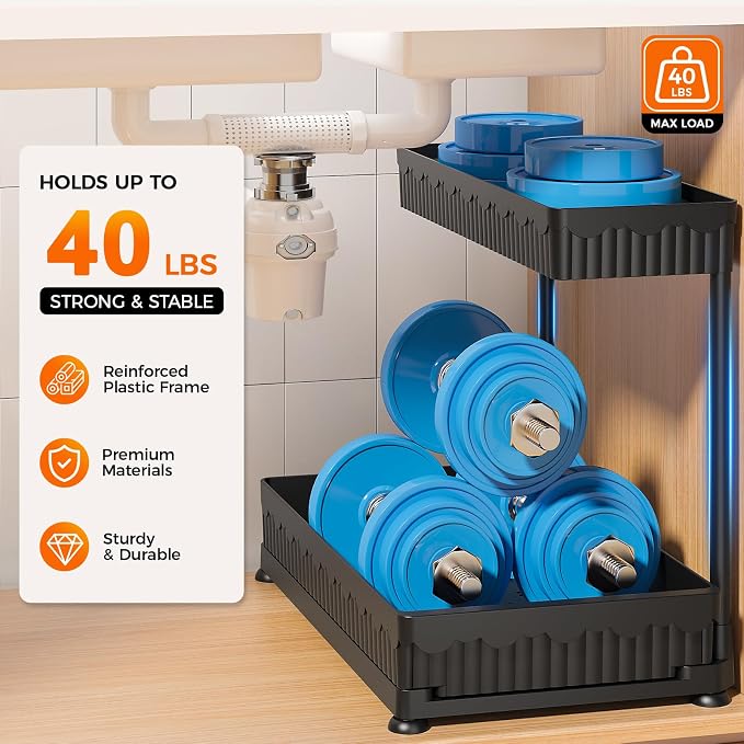 Sevenblue 3 Pack Multi-Purpose Pull-Out Storage Organizers, 2-Tier L-Shaped Under Sink/Cabinet Organizers and Storage for Bathroom & Kitchen, (Black, 12.85 Inches) | Multi-use kitchen & bathroom storage, 12.85 inch black cabinet organizer, space-saving...