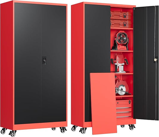 Garage Cabinet with Wheels and Adjustable Shelves, Metal Garage Storage Cabinets with 2 Doors, Storage Caninet with Lock, Heavy Duty Tool Cabnet for Workshop/Home/Office-(Black Red 75”H)