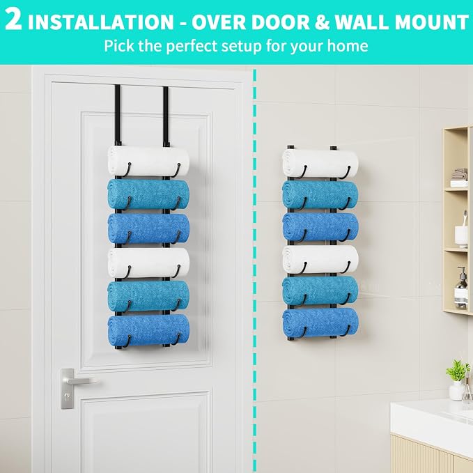 HapiRm Rolled Towel Racks for Bathroom - 6-Tier Over The Door & Wall Mounted Bathroom Towel Storage, Hanging Metal Organizer for Towels & Bath Sheets, Space Saving Rack for Bathroom, Camper, RV, Black