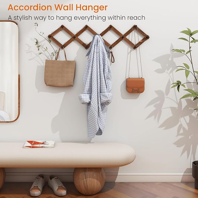 Vintage Wood Expandable Peg Rack- Multi-Purpose Accordion Wall Hangers with 13 Hooks for Hats, Coat, Mugs, Scarf, Jewelry Storage