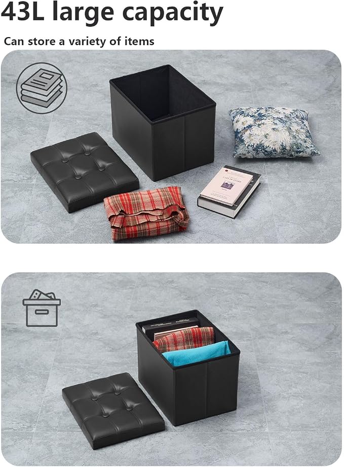 Bsketa Storage Ottoman, Folding Foot Stool with Thicker Foam Padded Seat Small Leather Storage Ottoman Bench Foot Rest for Living Room Foldable Coffee Table 17x13x13in,Black
