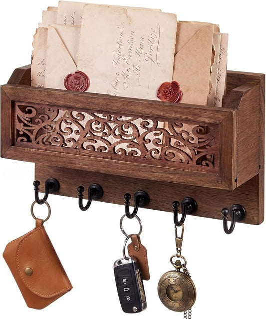 Novabright Mail and Key Holder for Wall Decorative Wall-Mounted Carved Wooden Mail Organizer with 5 Sturdy Key Hooks Rustic Home Decor for Entryway Hallway Office Farmhouse