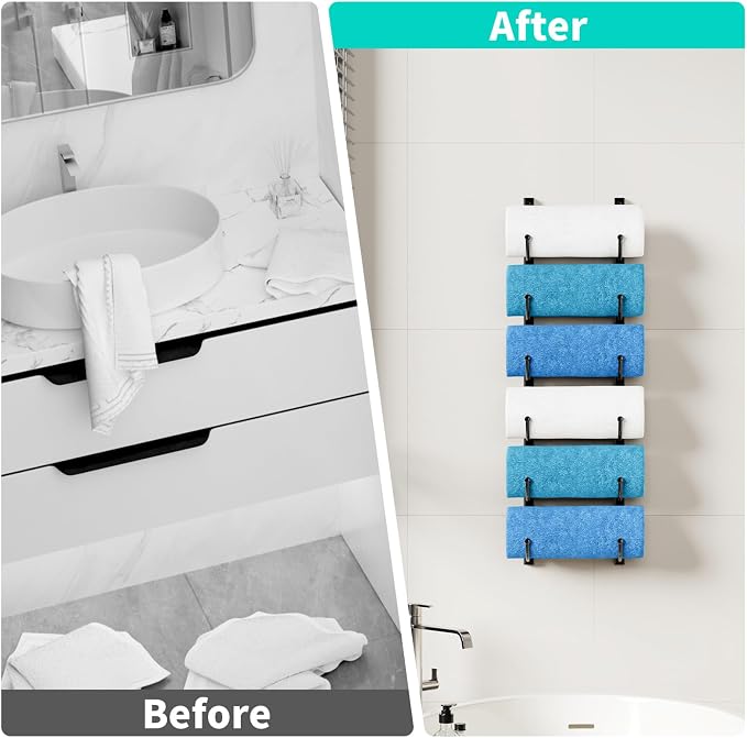HapiRm Rolled Towel Racks for Bathroom - 6-Tier Over The Door & Wall Mounted Bathroom Towel Storage, Hanging Metal Organizer for Towels & Bath Sheets, Space Saving Rack for Bathroom, Camper, RV, Black