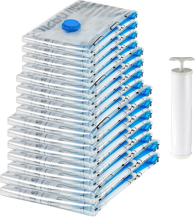 Amazon Basics Vacuum Storage Bags for Clothes, Compression Space Saving Storage Bags with Hand Pump, Reusable, Heavy-Duty Seal Protection, Multiple Sizes, White, 15-Pack