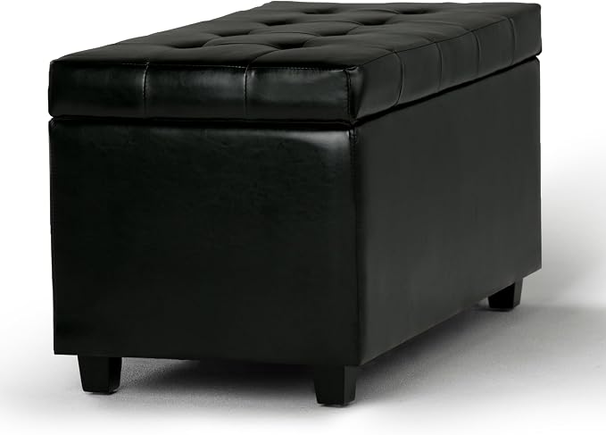 SIMPLIHOME Dover 36" Wide Vegan Leather Storage Ottoman in Distressed Brown | Midnight black, transitional storage ottoman with tufting and lift-up lid; rectangle storage bench for living room.