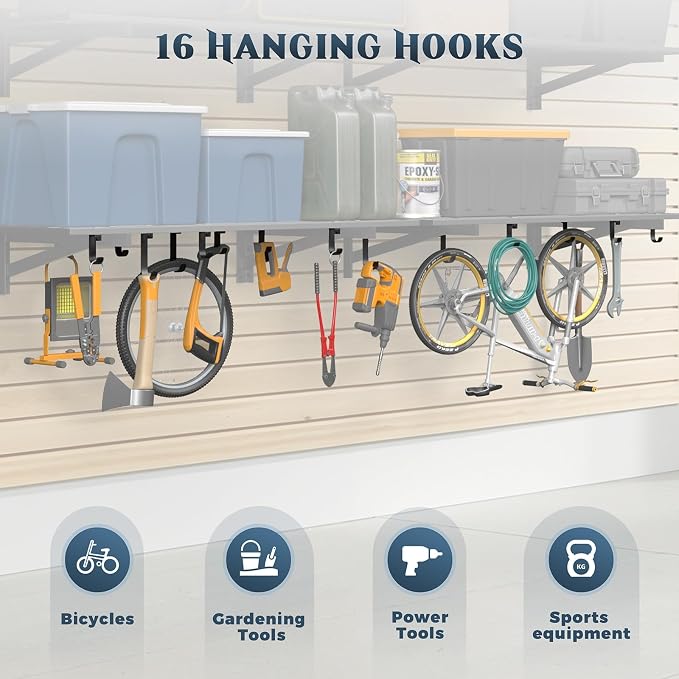Jusgym 4-Pack 2x3ft Garage Shelving Wall Mounted, 2' x 3' Heavy Duty Garage Storage Shelves with Hooks, 1000LB Capacity