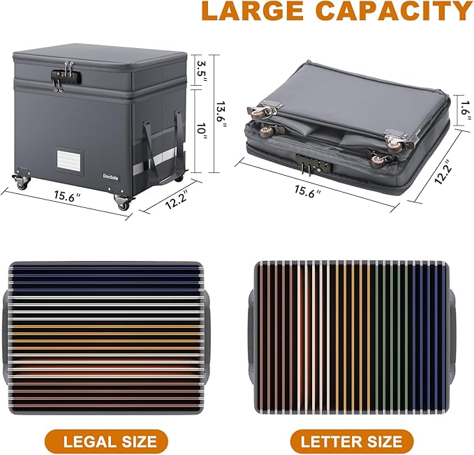 DocSafe Fireproof Document Box with Lock,2-Layer File Box with Wheels,Collapsible File Storage Organizer with Pockets,Large Portable Office Filing Cabinet for Hanging Folders,Gray,16''x13.8''x12.2''