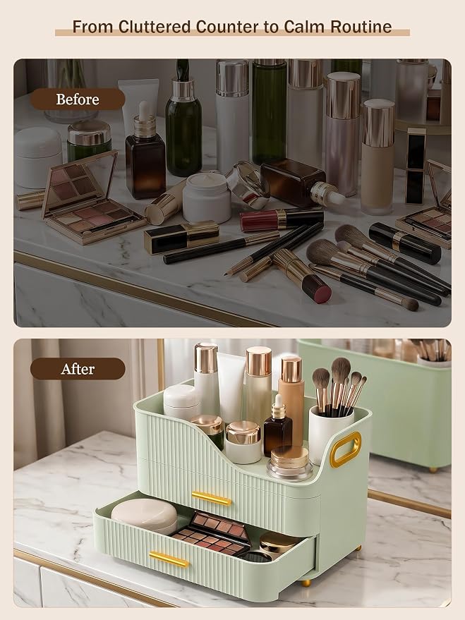Booklov Large Makeup Organizer for Vanity, Bathroom Countertop, Green | Plastic Cosmetic Display Case with Drawers, Beauty Brush Holder for Dresser Counter Skincare Eyeshadow Lipstick Storage