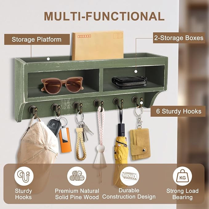 Key Holder Wall Mount with Mail Organizer, 6 Hooks & Shelf, Green | Wood Key Holder Wall Mount with 6 Key Hooks, Shelf & Storage Box and Mail Organizer for Entryway, Apartment, Home and Office