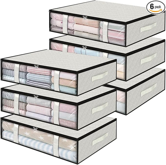 StorageRight Under Bed Storage Bags, 6 Pack, 40L, White | Breathable Non-Woven Fabric with a Clear Window and Zippered Top for Clothes, Comforters, Blankets and Seasonal Storage