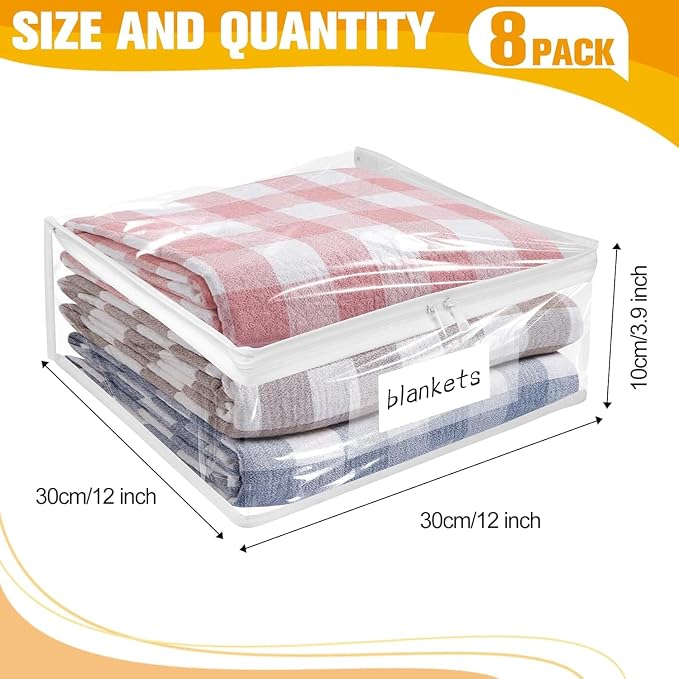 Kikerike Plastic Storage Bags with Easy-Glide Zipper, Pack of 8, Durable Clear Vinyl Zippered Storage Bags for Clothes Sweaters Comforters Blankets Sheets Bedding (12 x 12 x 3.9 Inch, White)