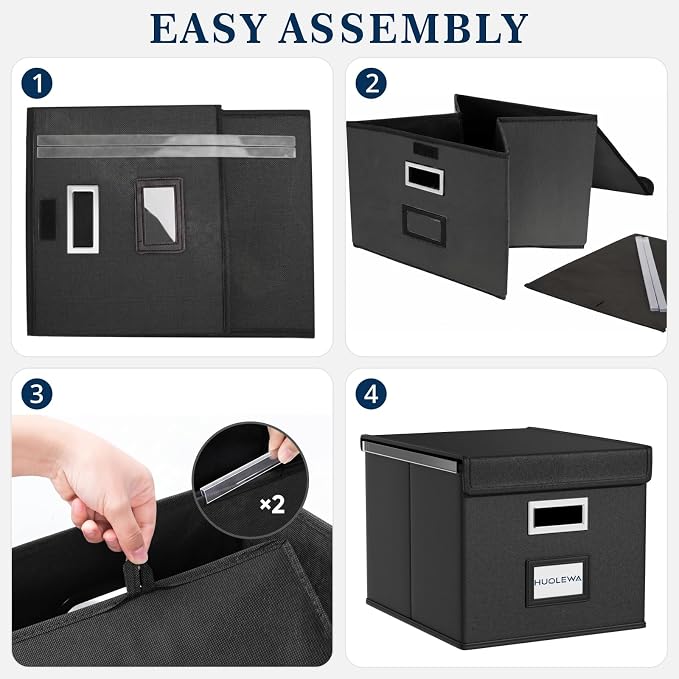 File Organizer Box with Lids, Collapsible File Folder Organizer | File Box with Plastic Slides for Office Document Storage, Filing Bin for Letter Size Hanging File Folders (1 Pack, Black)
