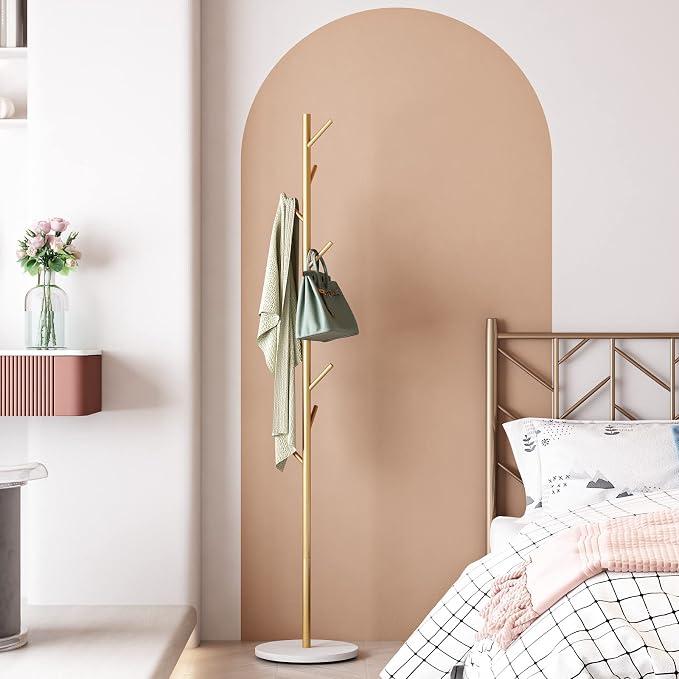 Gold Coat Racks with 8 Hooks, Branches Coat Tree Entryway, Freestanding | Modern Hat Rack, Easy to Assemble, Heavy Stable Marble Base